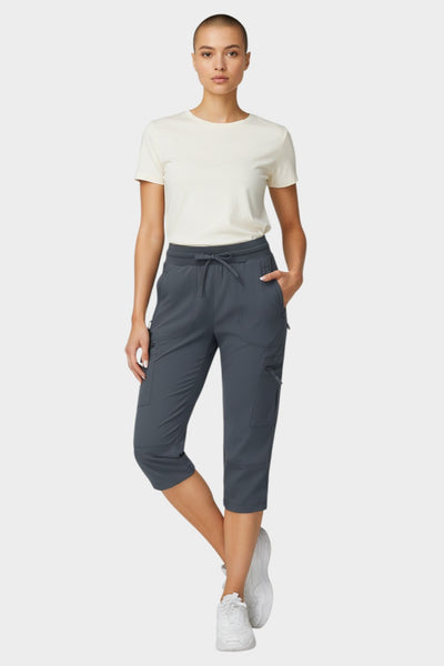 COHYX LLC women's dark grey quick-dry capri hiking pants with 5 zipper pockets and adjustable drawstring waist.