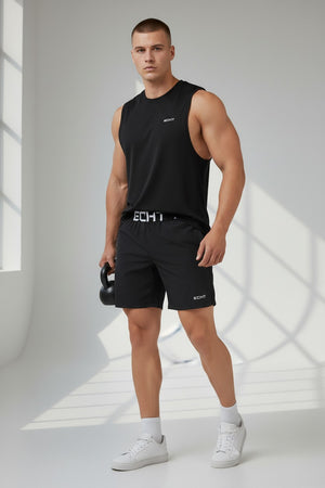 COHYX LLC black polyester fiber casual training running sports shorts with white logo detail and elastic waistband.
