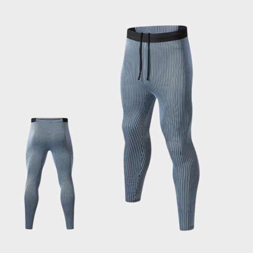 COHYX LLC light blue striped polyester running leggings with drawstring waist and mid-rise fit.
